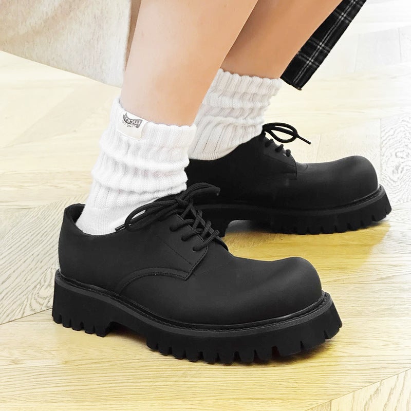 Carbon Black Big Toe Derby Shoes Thick Sole Height Increasing Casual Mickey Leather Shoes Loafers Commuter Men'S And Women'S Same Ins Genuine Leather - Image 2